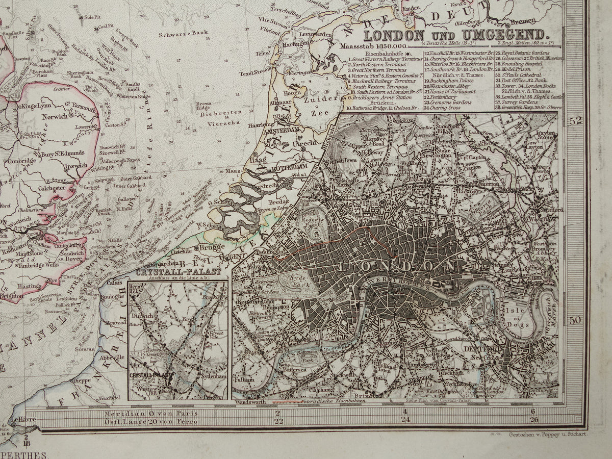 NOORDZEE en Groot-Brittanië 1868 originele oude landkaart / zeekaart Engeland Duitse Zee antieke kaart met jaartal
