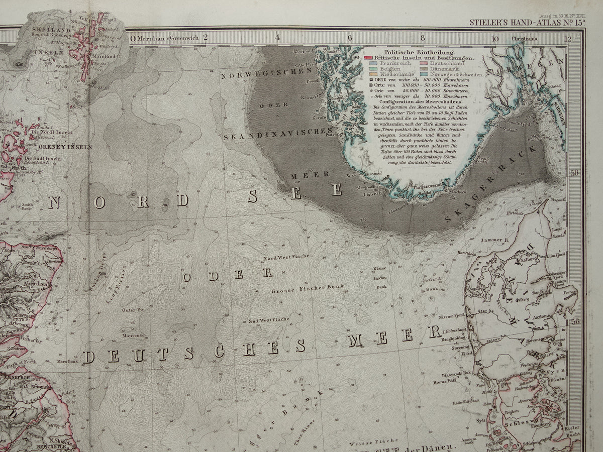 NOORDZEE en Groot-Brittanië 1868 originele oude landkaart / zeekaart Engeland Duitse Zee antieke kaart met jaartal