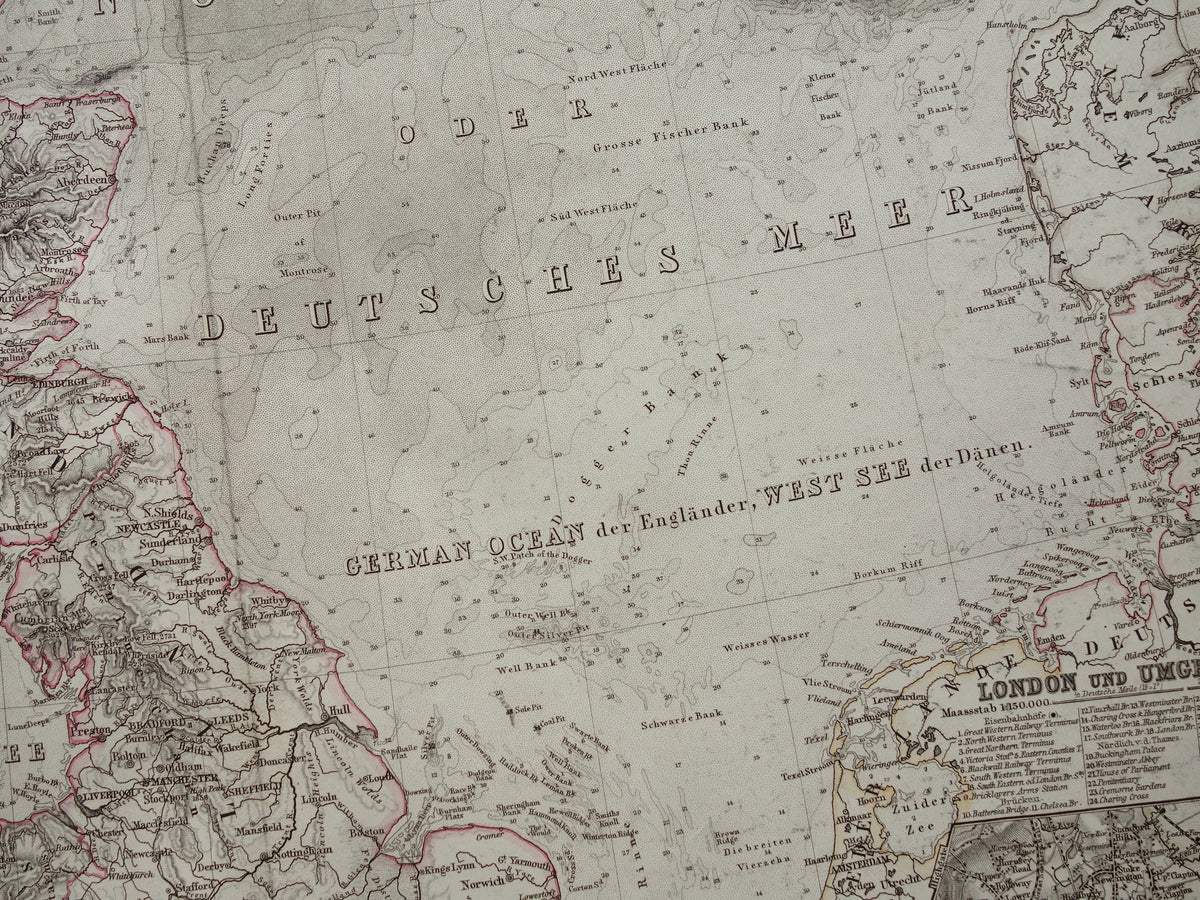 NOORDZEE en Groot-Brittanië 1868 originele oude landkaart / zeekaart Engeland Duitse Zee antieke kaart met jaartal