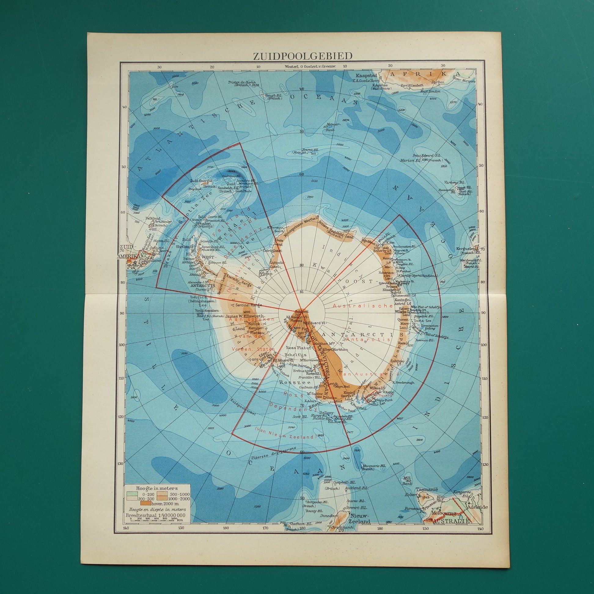 ZUIDPOOL oude kaart van het Zuidpoolgebied 1938 originele vintage Nederlandse landkaart van antarctica met territoriale claims