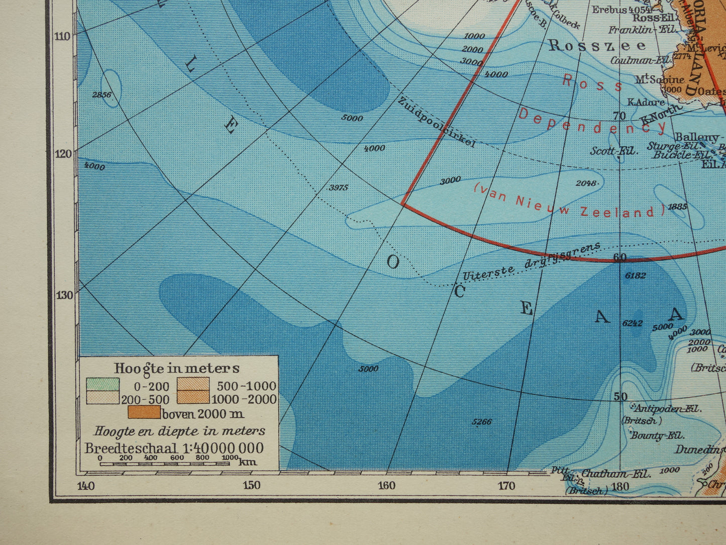 SOUTH POLE old map of the South Pole area 1938 original vintage Dutch map of Antarctica with territorial claims