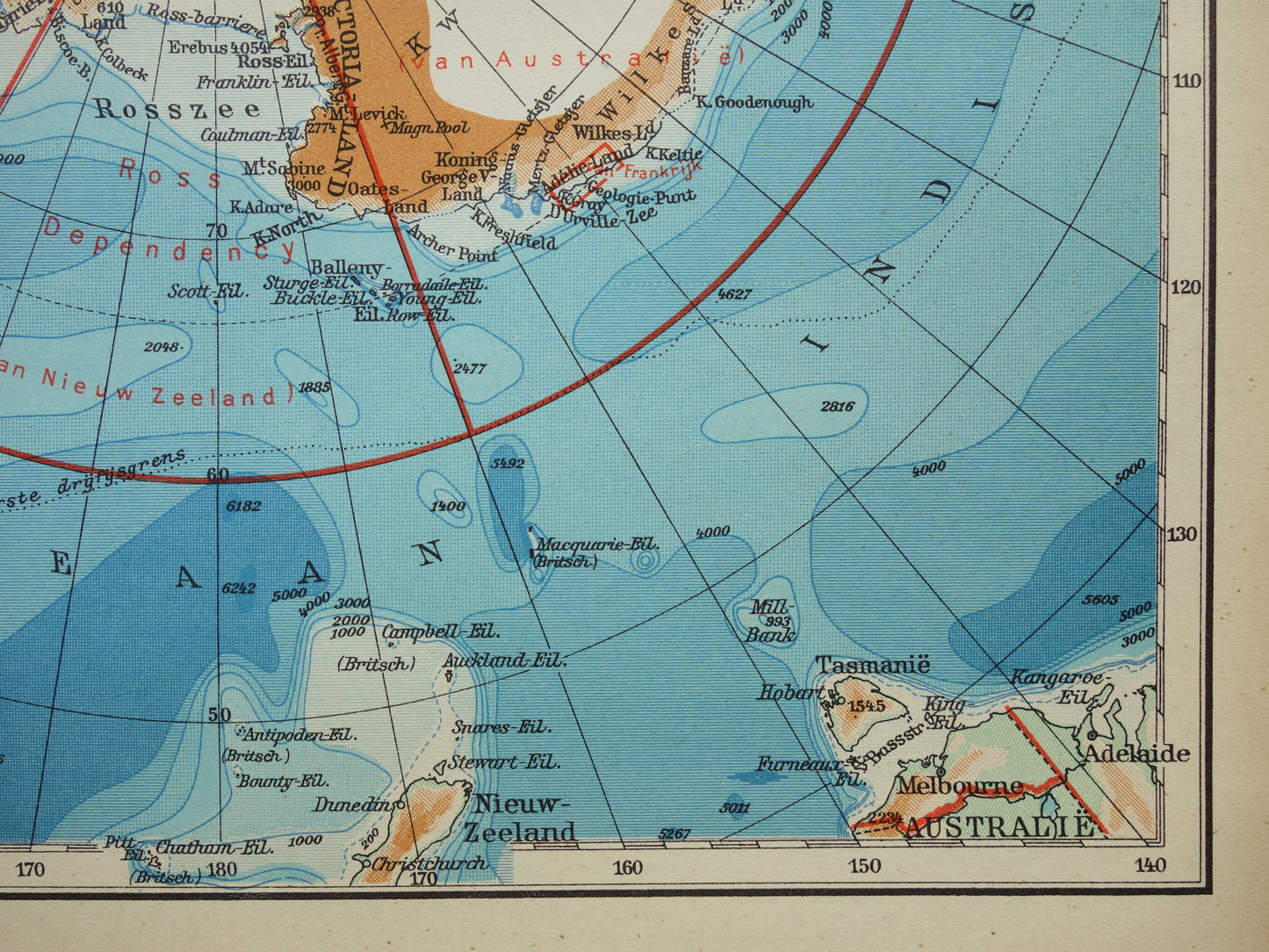 SOUTH POLE old map of the South Pole area 1938 original vintage Dutch map of Antarctica with territorial claims