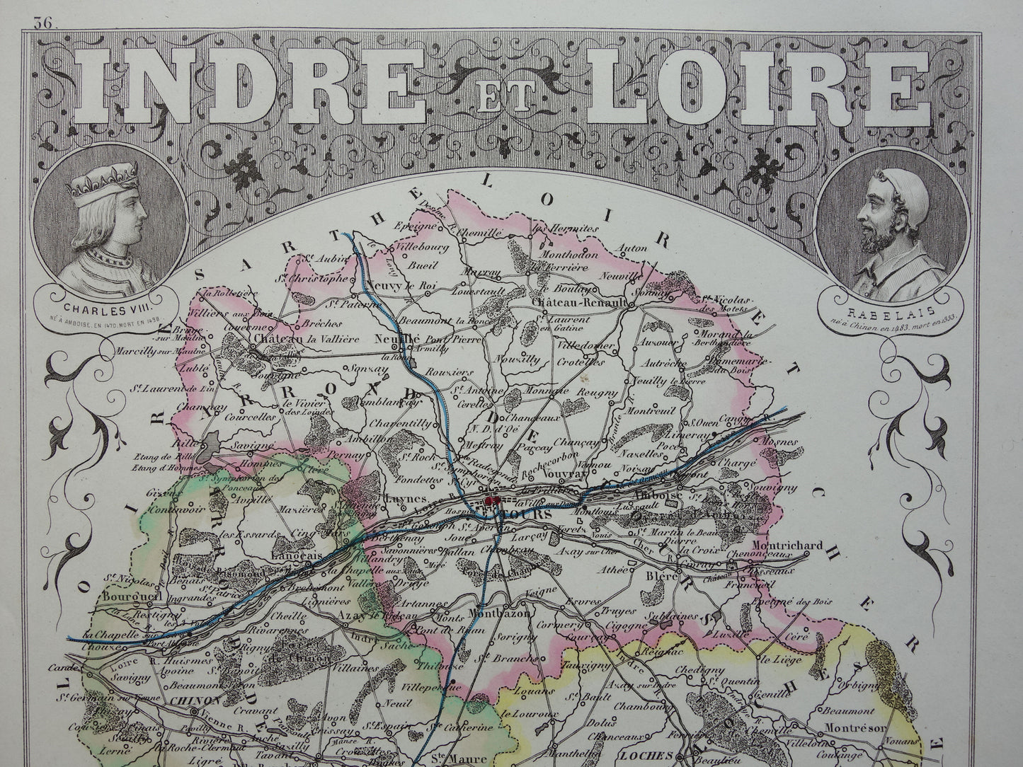 Indre-et-Loire departement Frankrijk oude kaart 1856 originele antieke landkaart Tours historische kaarten