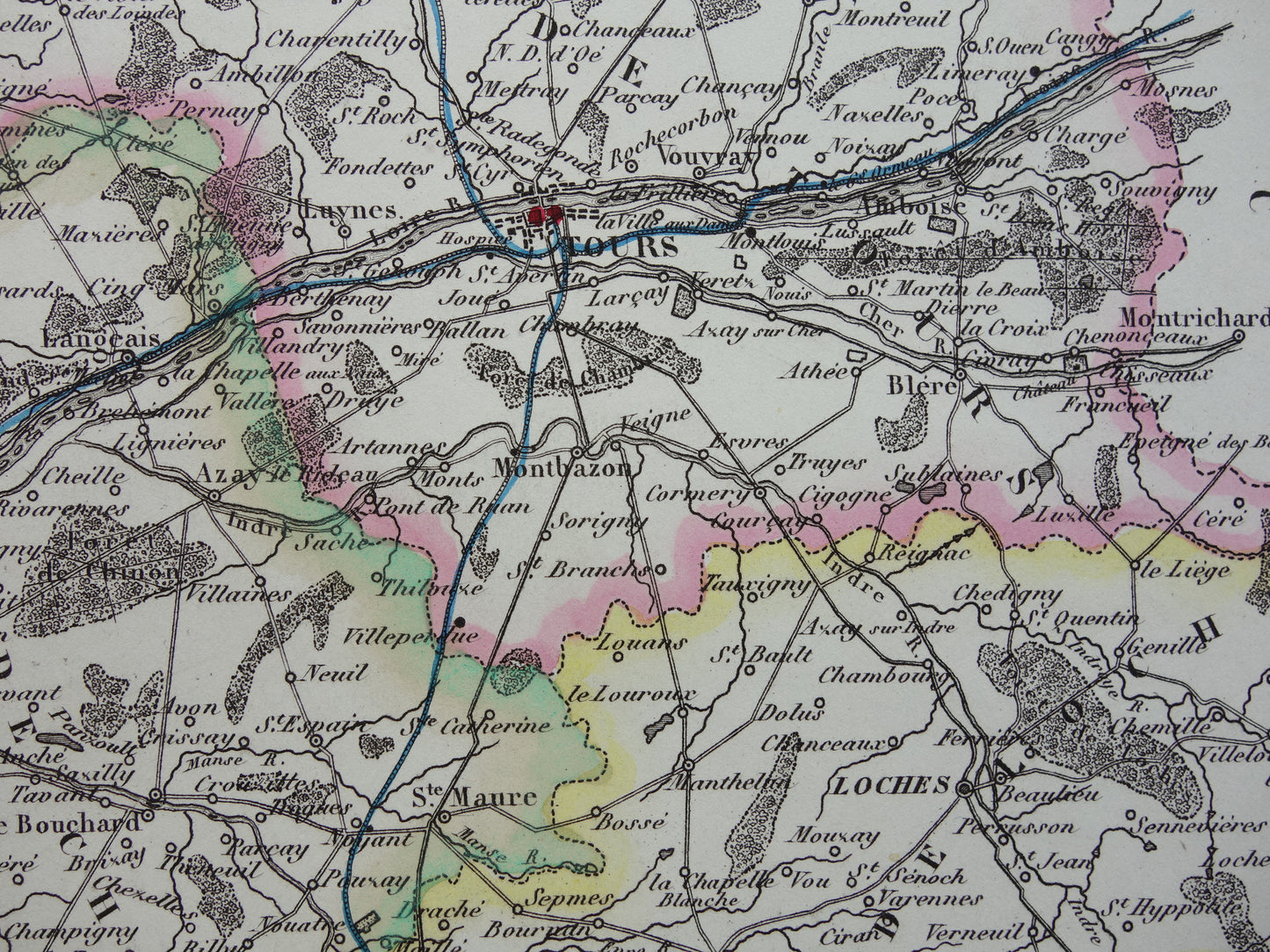 Indre-et-Loire departement Frankrijk oude kaart 1856 originele antieke landkaart Tours historische kaarten