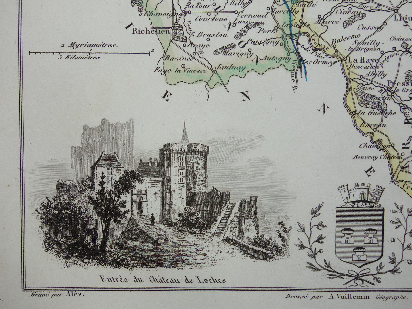 Indre-et-Loire departement Frankrijk oude kaart 1856 originele antieke landkaart Tours historische kaarten