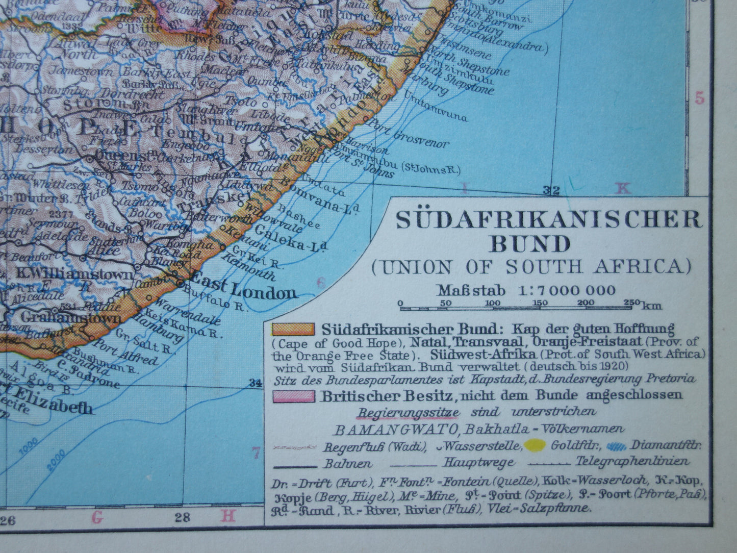 Old map of South Africa in 1928 original German vintage historical map South African Confederation