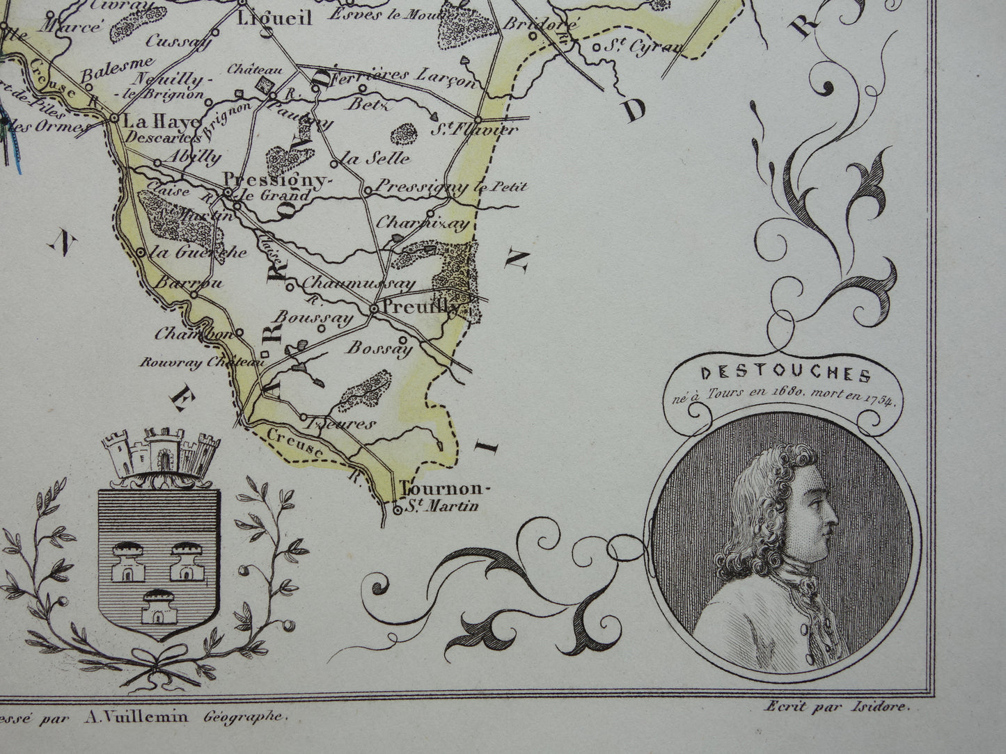 Indre-et-Loire departement Frankrijk oude kaart 1856 originele antieke landkaart Tours historische kaarten