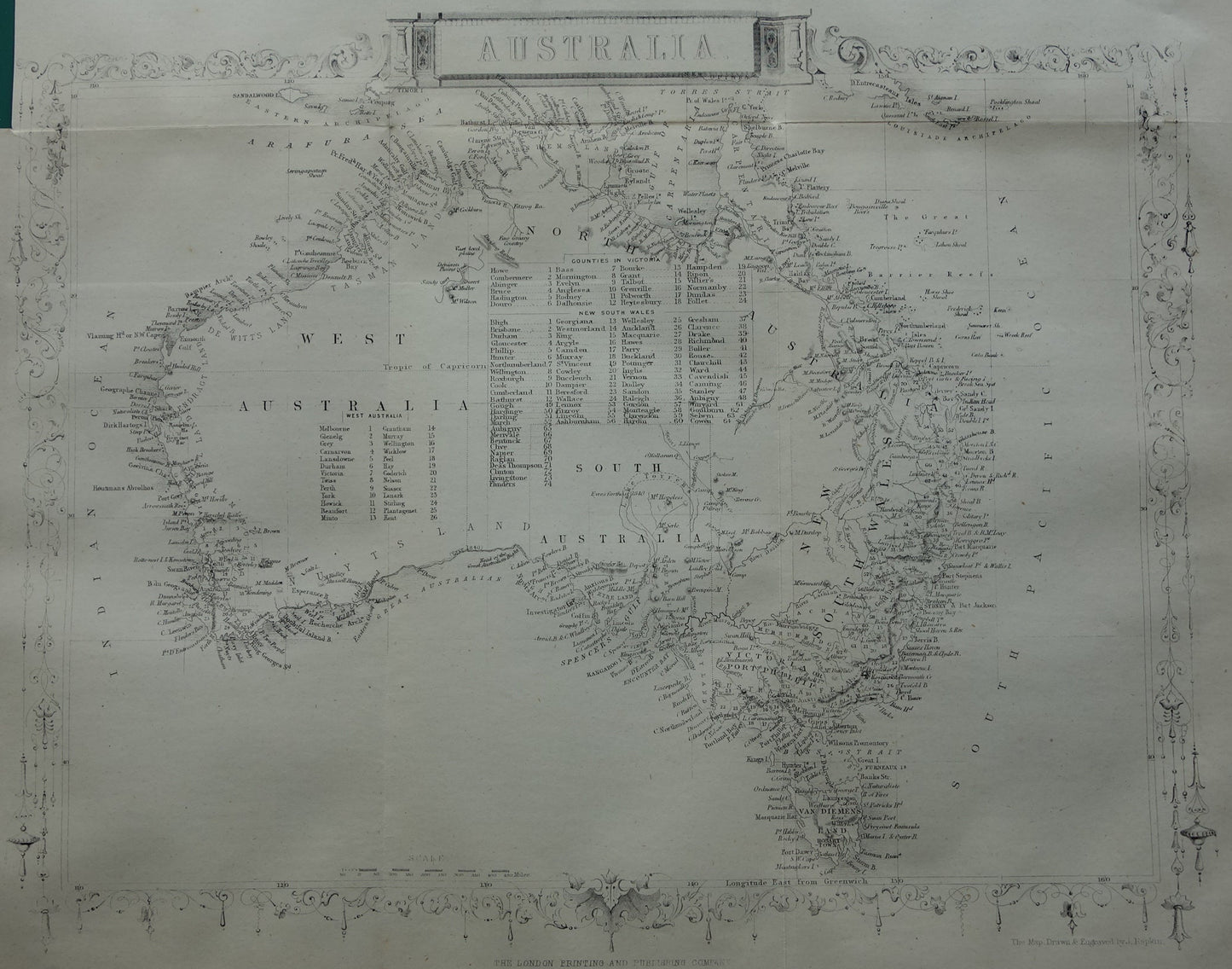 Australia old map from 1860 original antique map Australia John Rapkin - Vintage maps