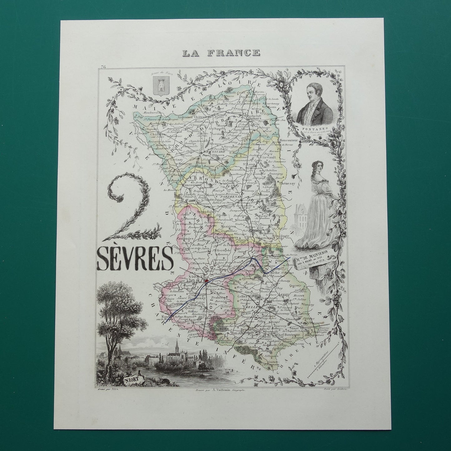 Oude kaart Deux-Sèvres departement Frankrijk uit 1856 originele antieke handgekleurde landkaart