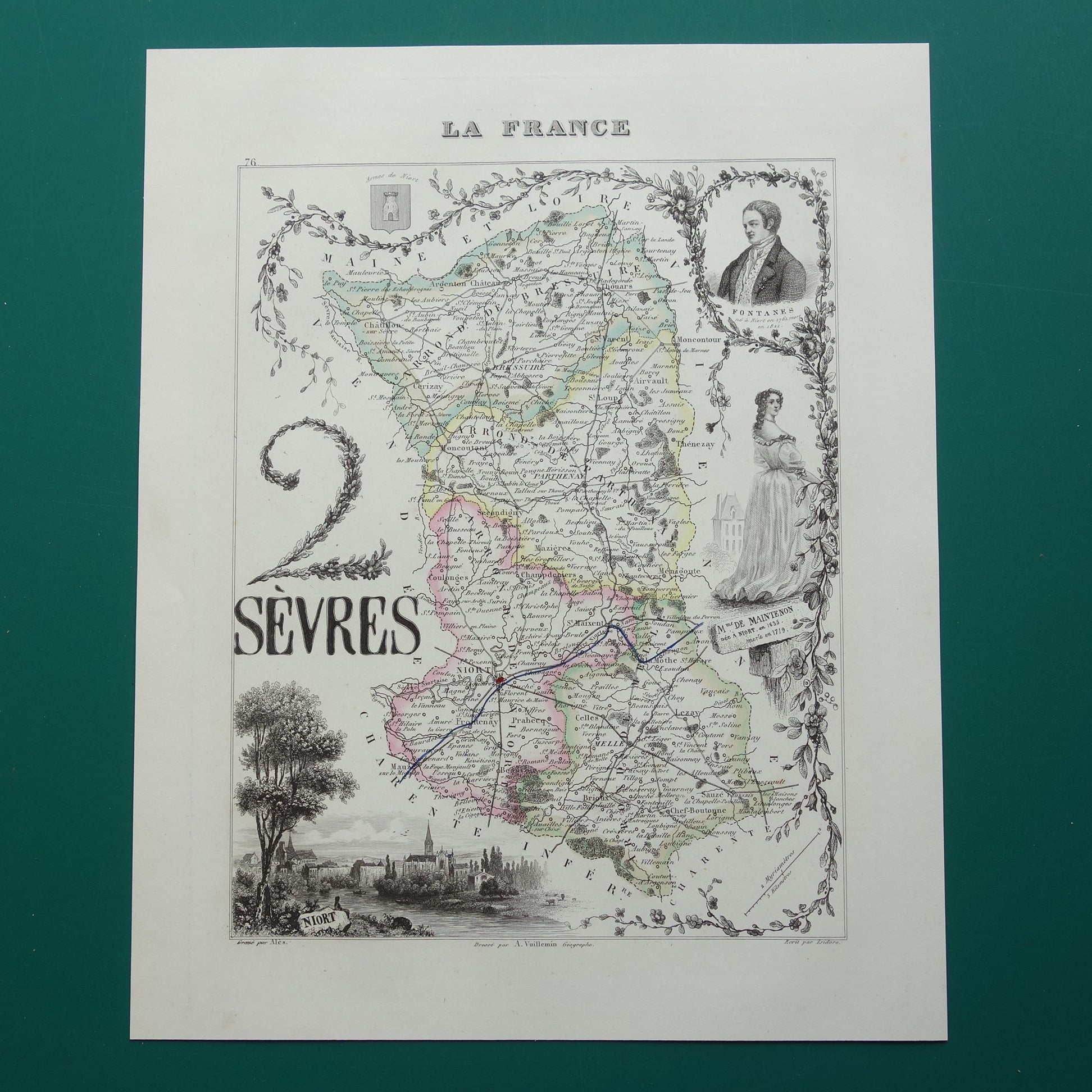 Oude kaart Deux-Sèvres departement Frankrijk uit 1856 originele antieke handgekleurde landkaart