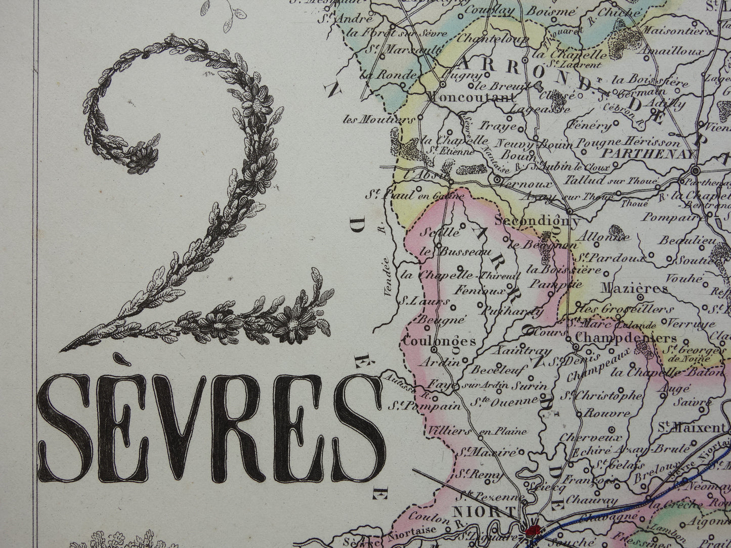 Oude kaart Deux-Sèvres departement Frankrijk uit 1856 originele antieke handgekleurde landkaart