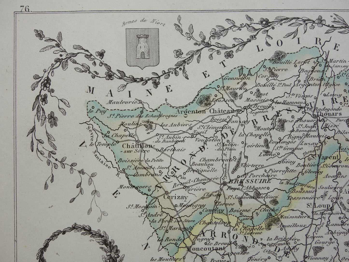 Oude kaart Deux-Sèvres departement Frankrijk uit 1856 originele antieke handgekleurde landkaart