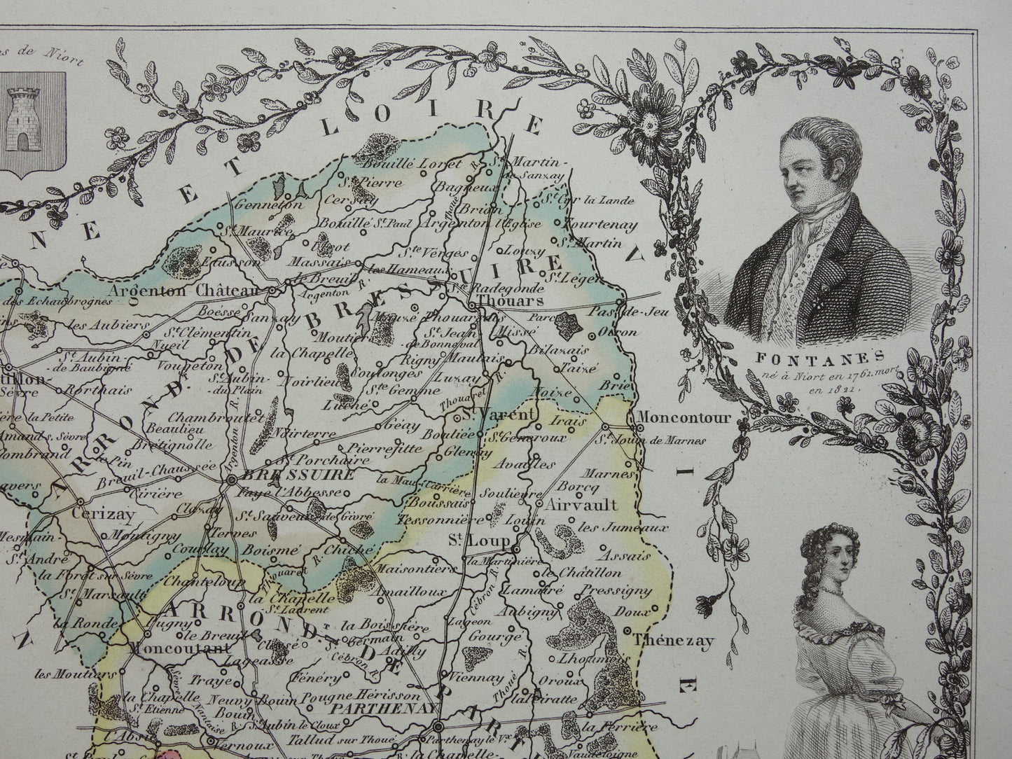 Oude kaart Deux-Sèvres departement Frankrijk uit 1856 originele antieke handgekleurde landkaart