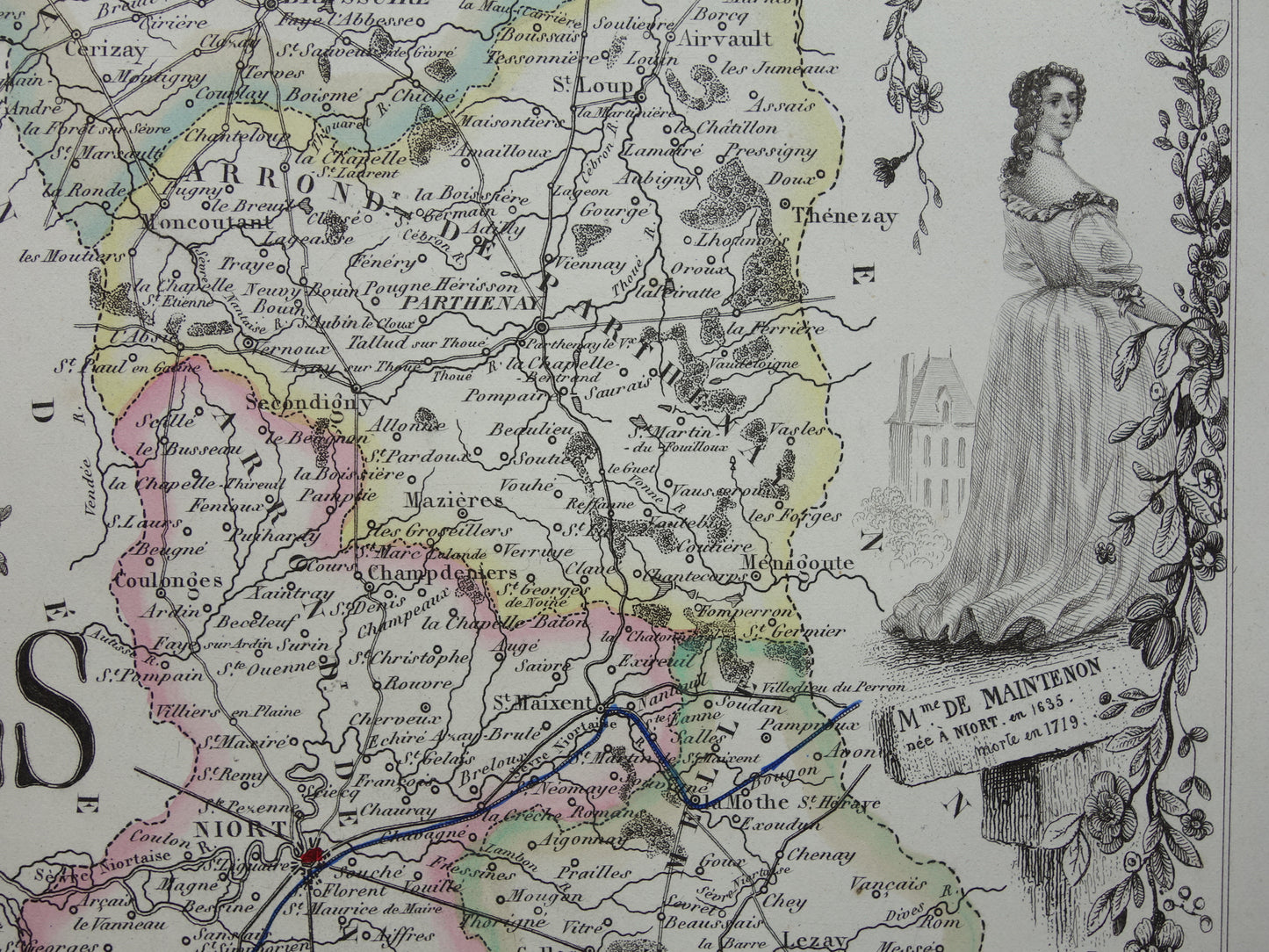 Oude kaart Deux-Sèvres departement Frankrijk uit 1856 originele antieke handgekleurde landkaart