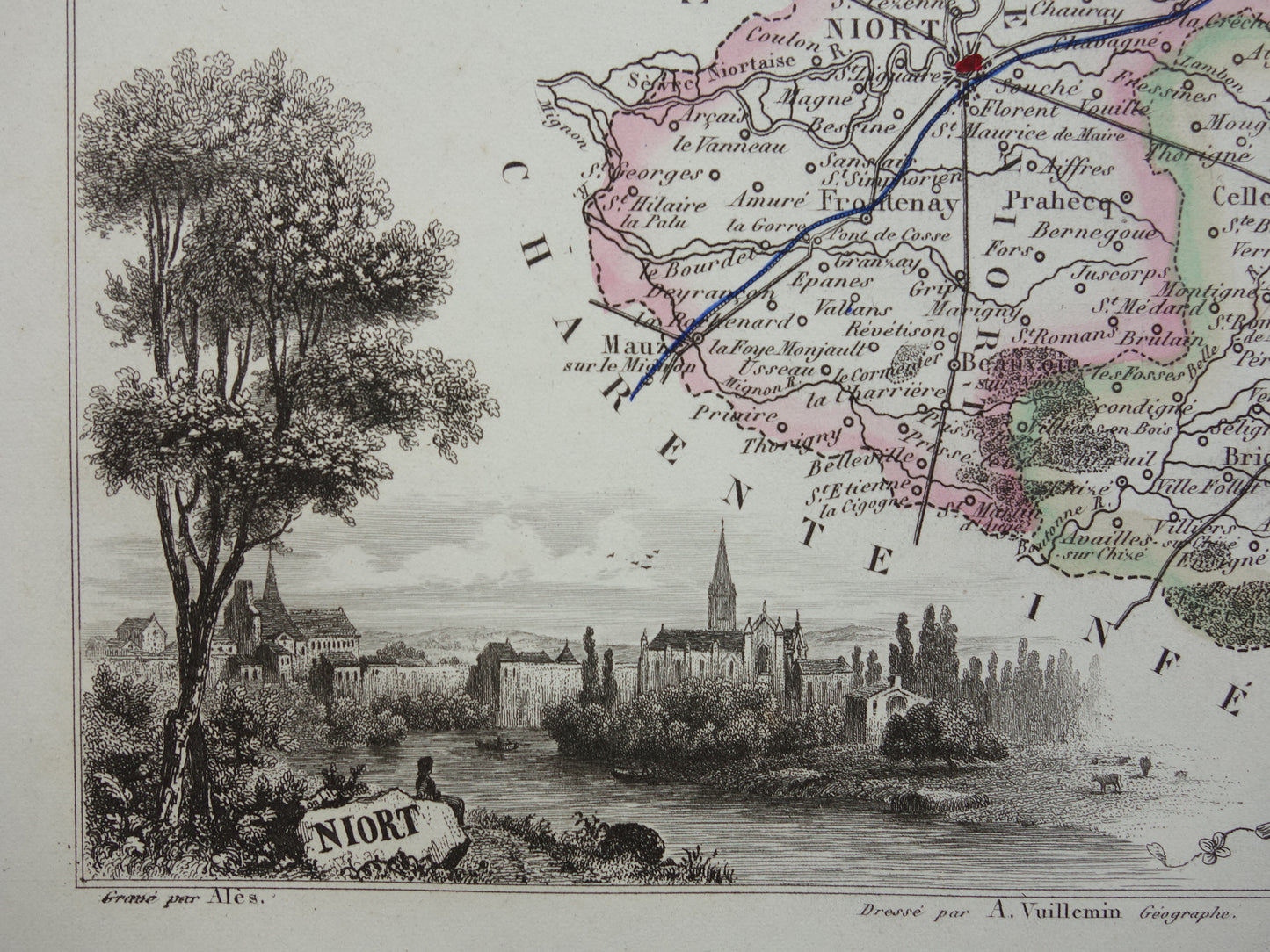 Oude kaart Deux-Sèvres departement Frankrijk uit 1856 originele antieke handgekleurde landkaart