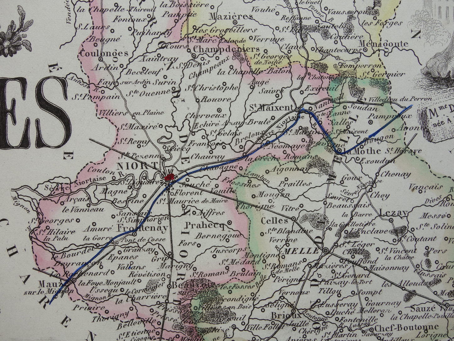 Oude kaart Deux-Sèvres departement Frankrijk uit 1856 originele antieke handgekleurde landkaart