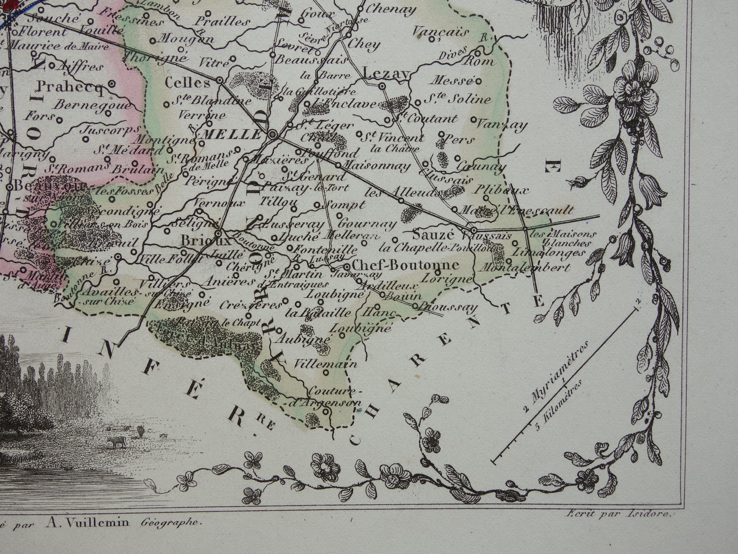 Oude kaart Deux-Sèvres departement Frankrijk uit 1856 originele antieke handgekleurde landkaart