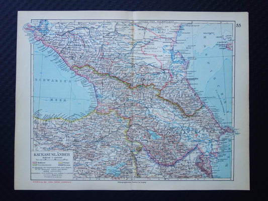 Oude landkaart van de Kaukasus uit 1928 originele vintage kaart Georgië Azerbeidzjan Armenië Krim Tbilisi Bakoe historische kaarten