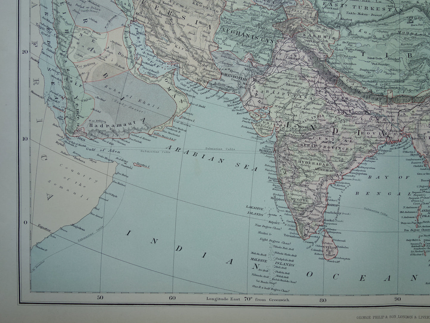 AZIE Grote kaart van Azië uit 1890 Antieke Engelse landkaart