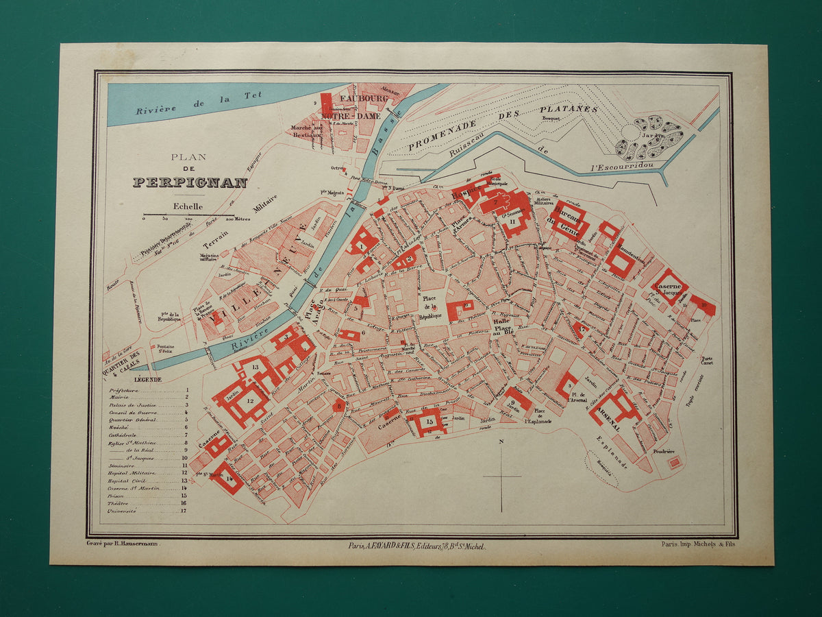 PERPIGNAN oude kaart van Perpignan Frankrijk 1896 originele antieke Franse plattegrond