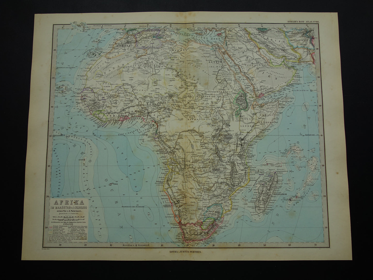 Antieke landkaart van Afrika in 1884 Grote originele 140+ jaar oude handgekleurde kaart poster van Afrikaans continent