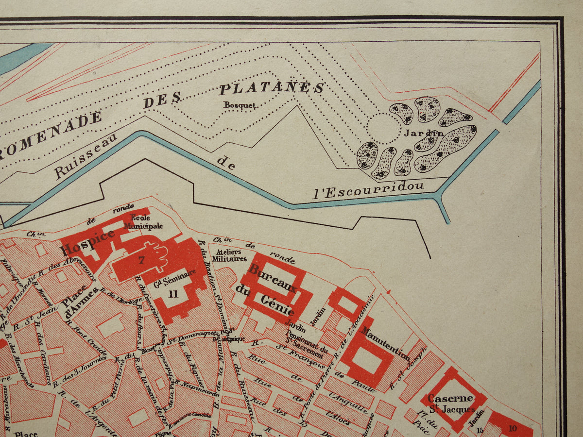 PERPIGNAN oude kaart van Perpignan Frankrijk 1896 originele antieke Franse plattegrond