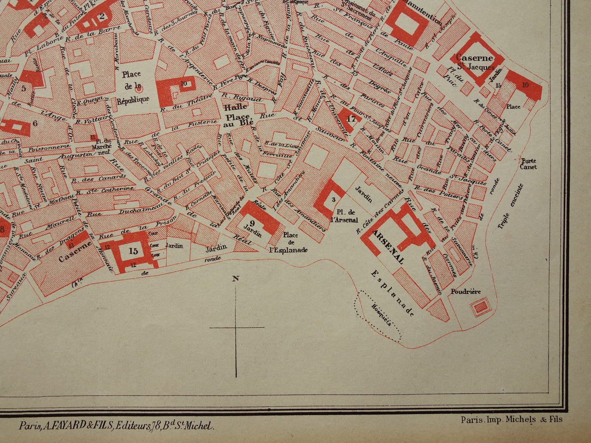 PERPIGNAN oude kaart van Perpignan Frankrijk 1896 originele antieke Franse plattegrond