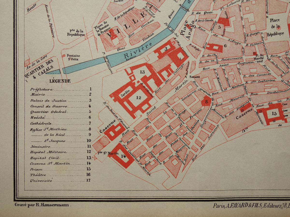 PERPIGNAN oude kaart van Perpignan Frankrijk 1896 originele antieke Franse plattegrond