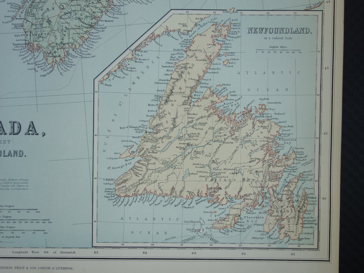 KANADA Große antike Karte von Neufundland, Québec, Nova Scotia, Braunschweig, 1890, altes englisches Kartenposter
