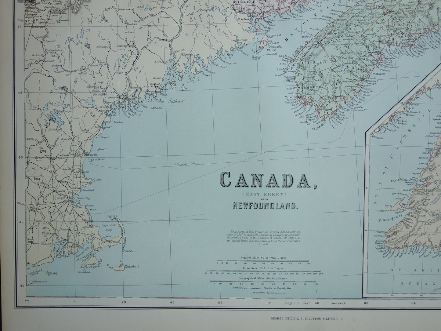 KANADA Große antike Karte von Neufundland, Québec, Nova Scotia, Braunschweig, 1890, altes englisches Kartenposter