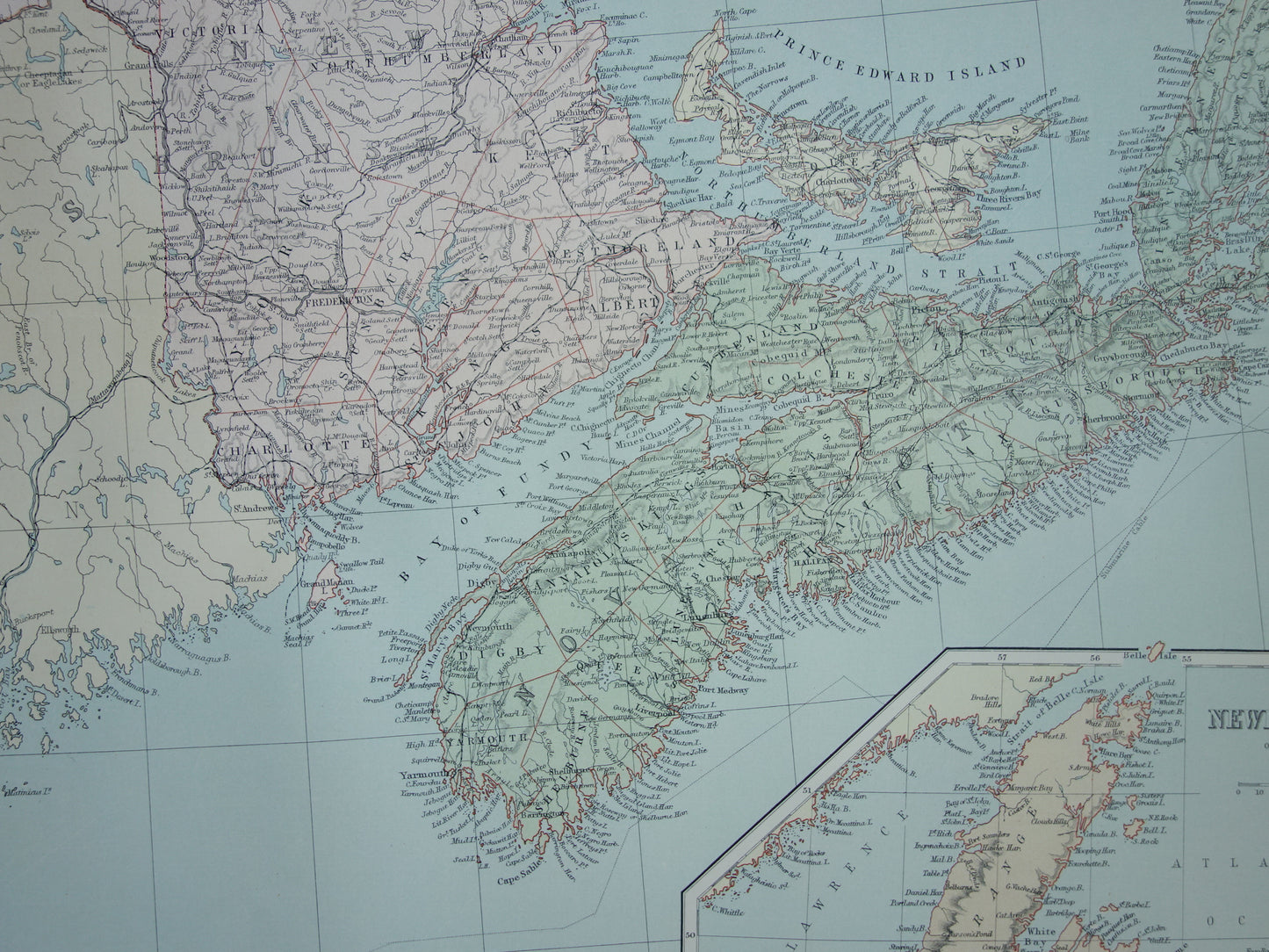 KANADA Große antike Karte von Neufundland, Québec, Nova Scotia, Braunschweig, 1890, altes englisches Kartenposter