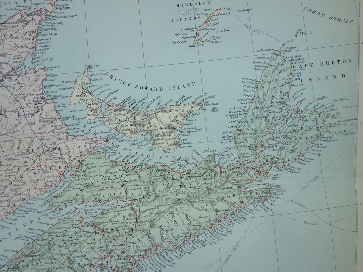 KANADA Große antike Karte von Neufundland, Québec, Nova Scotia, Braunschweig, 1890, altes englisches Kartenposter