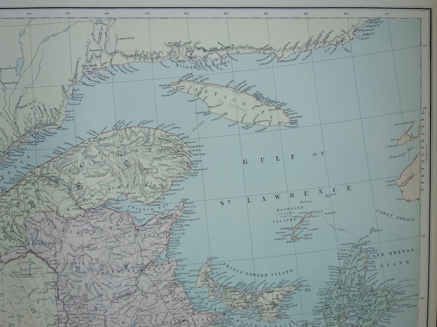 KANADA Große antike Karte von Neufundland, Québec, Nova Scotia, Braunschweig, 1890, altes englisches Kartenposter