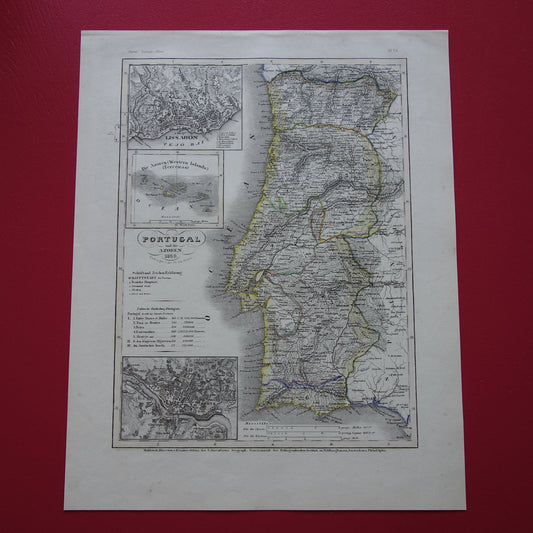PORTUGAL Oude kaart van Portugal Azoren in 1849 originele antieke landkaart - vintage kaarten Lissabon Porto