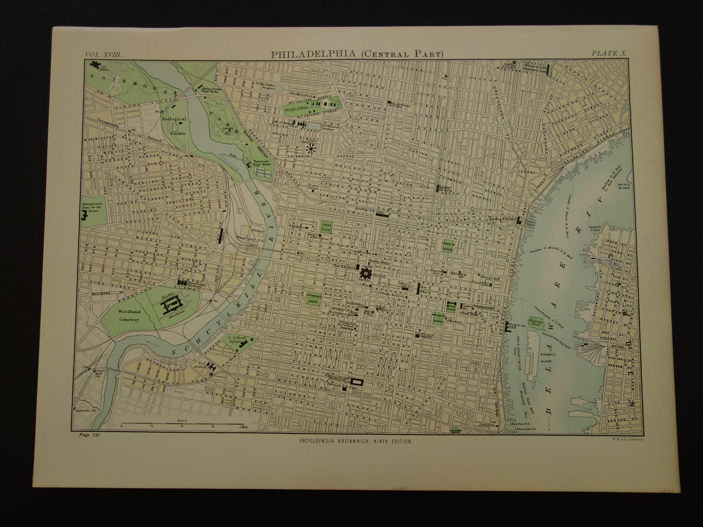 PHILADELPHIA oude plattegrond van centrum Philadelphia antieke kaart VS vintage kaarten