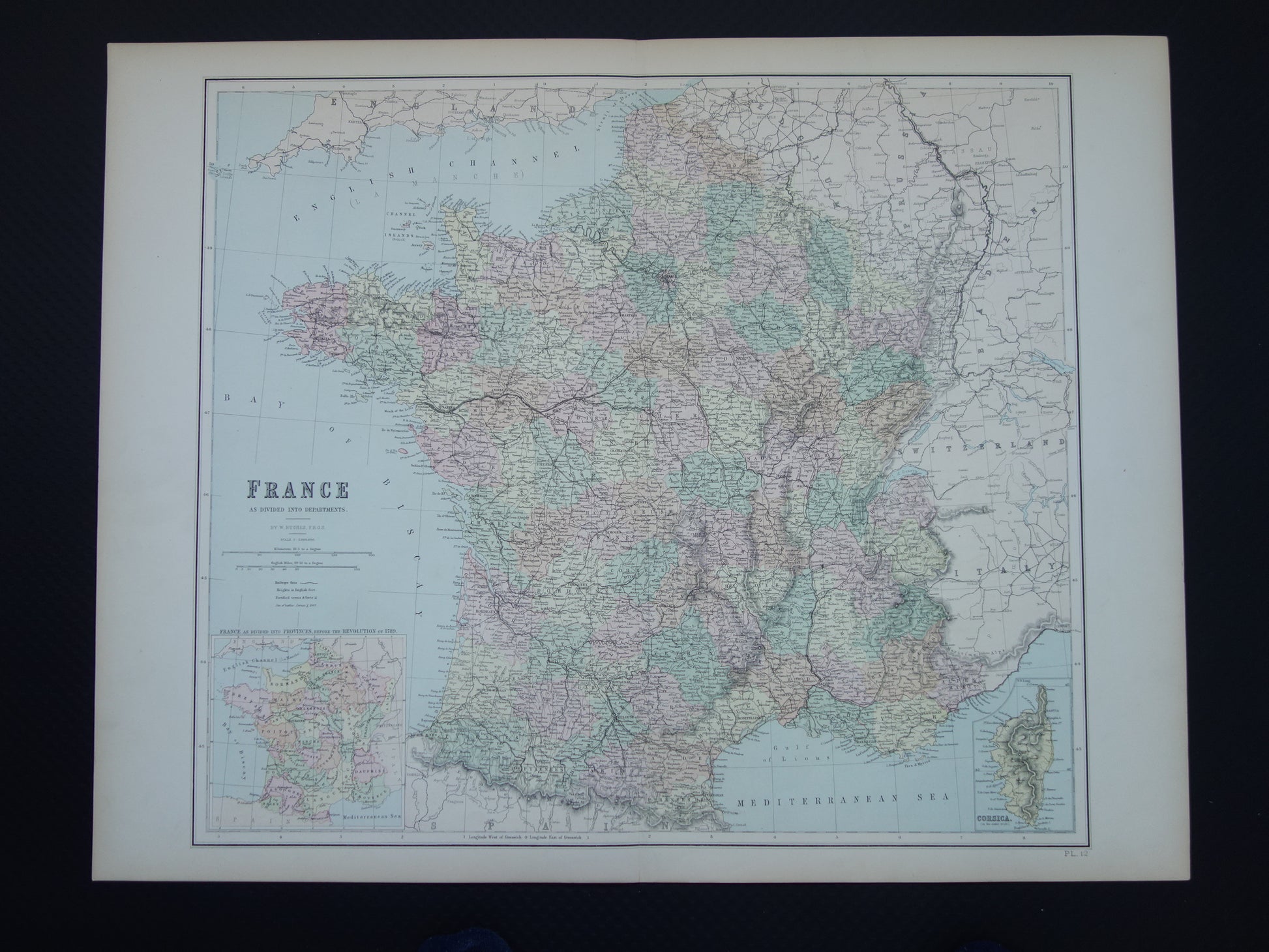 Grote oude landkaart van Frankrijk uit 1877 originele antieke kaart poster