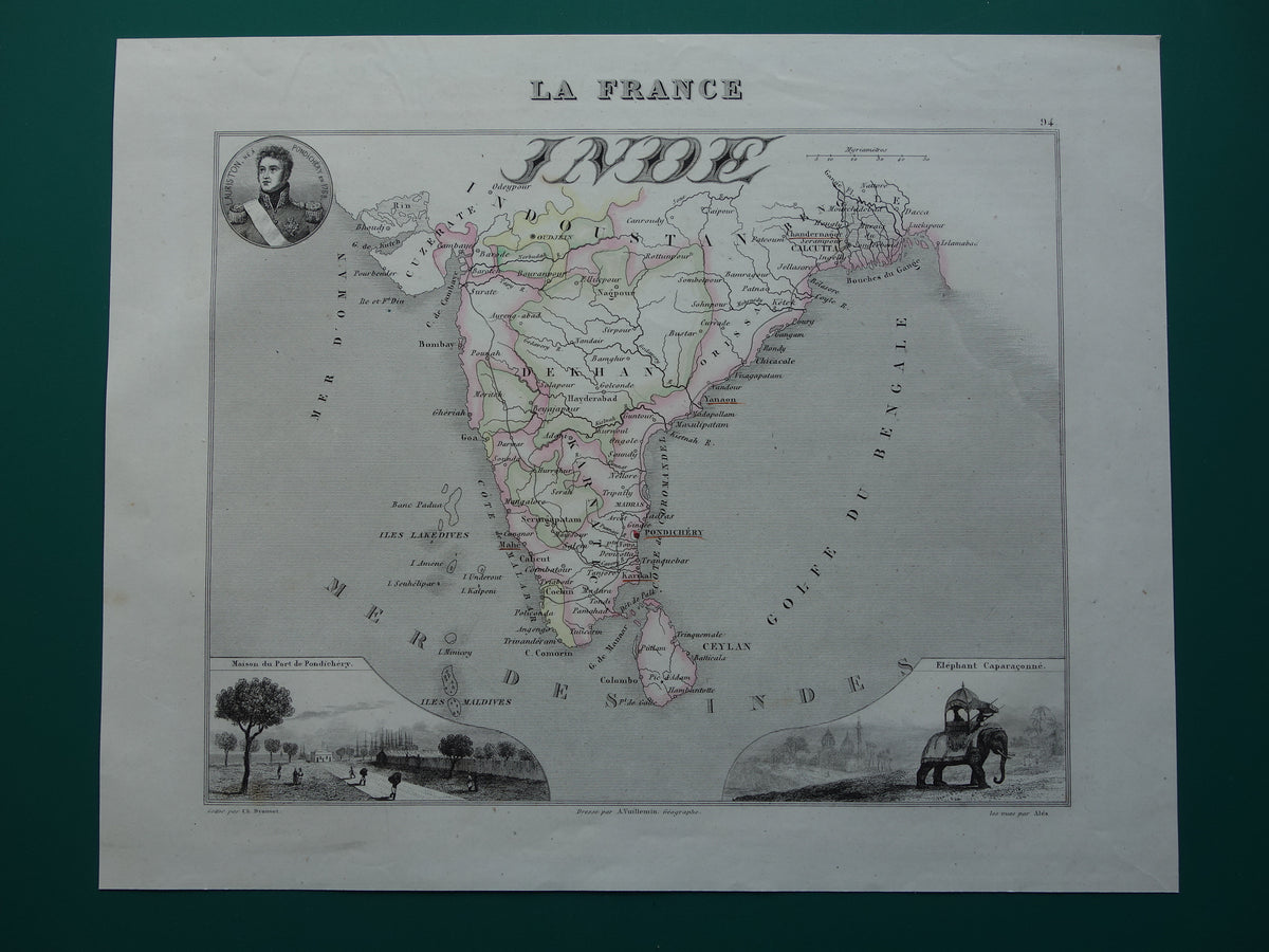 INDIA oude kaart 1856 originele antieke Franse handgekleurde landkaart van India met Franse koloniale bezittingen