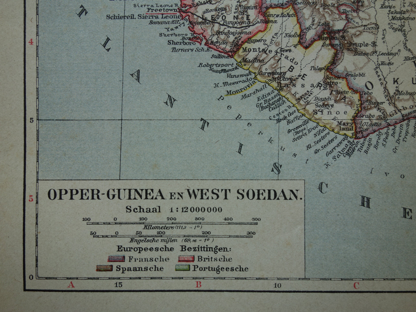 Alte Karte der Westküste Afrikas, Golf von Guinea, historische niederländische Karte, Senegal, Nigeria, Ghana, Elfenbeinküste