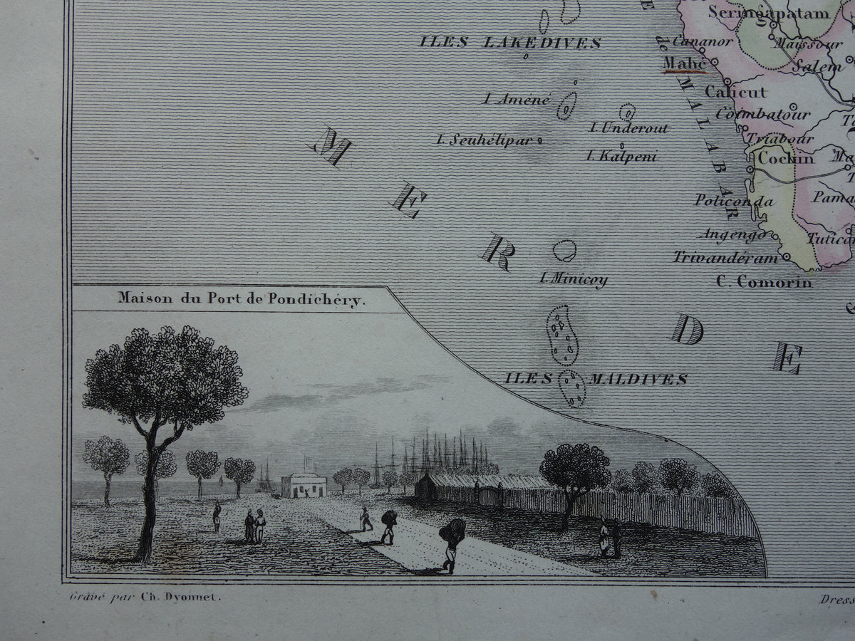 INDIA oude kaart 1856 originele antieke Franse handgekleurde landkaart van India met Franse koloniale bezittingen