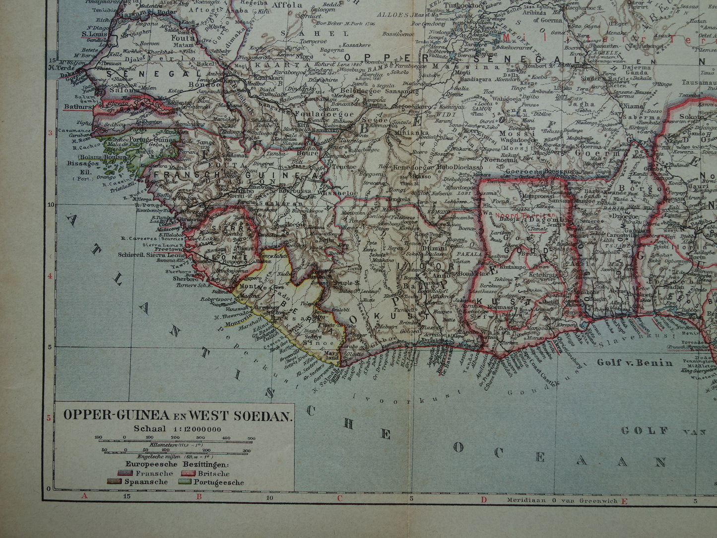 Alte Karte der Westküste Afrikas, Golf von Guinea, historische niederländische Karte, Senegal, Nigeria, Ghana, Elfenbeinküste