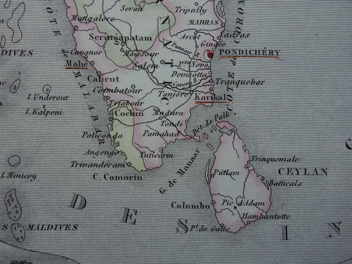 INDIA oude kaart 1856 originele antieke Franse handgekleurde landkaart van India met Franse koloniale bezittingen