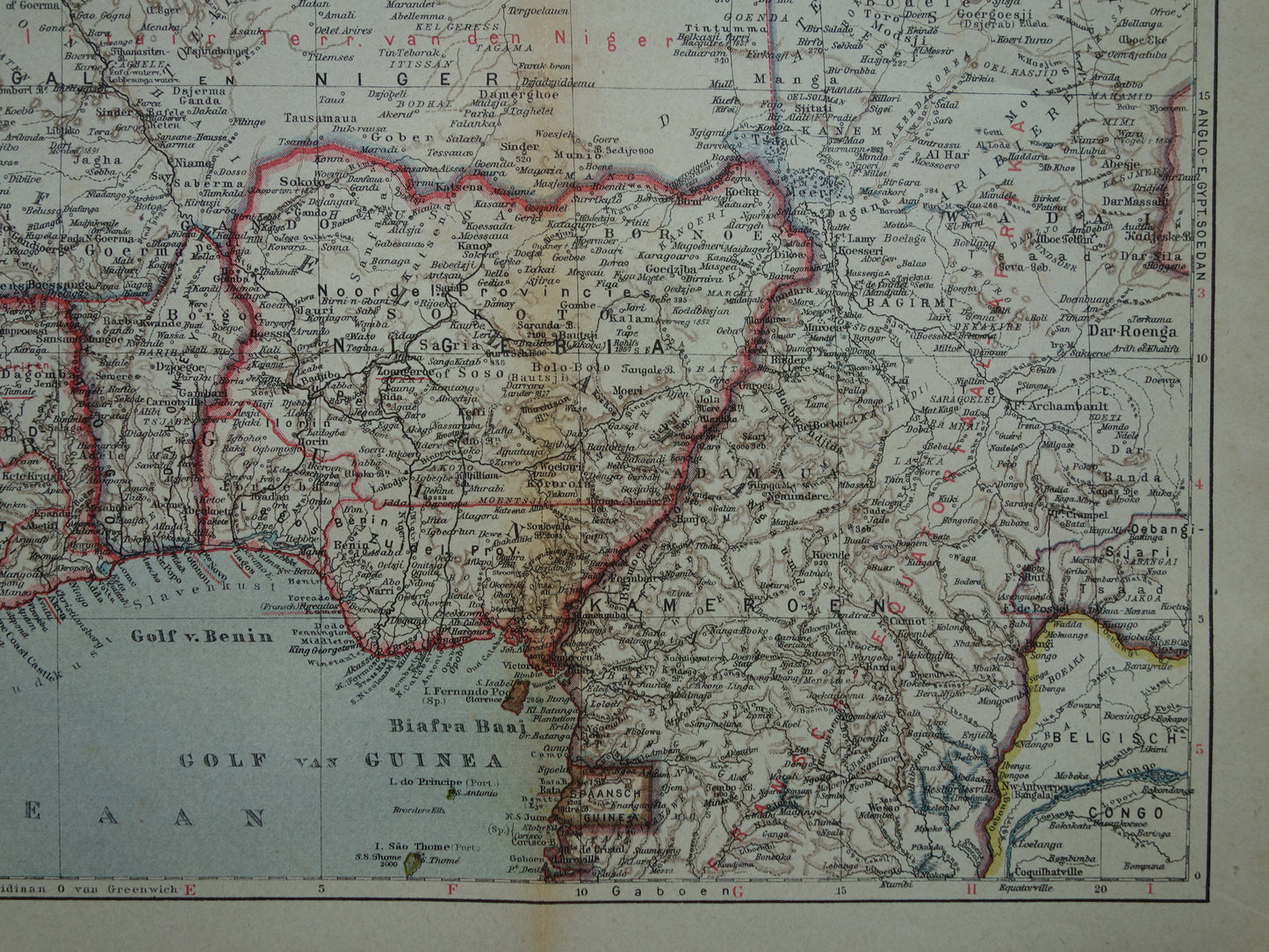 Alte Karte der Westküste Afrikas, Golf von Guinea, historische niederländische Karte, Senegal, Nigeria, Ghana, Elfenbeinküste