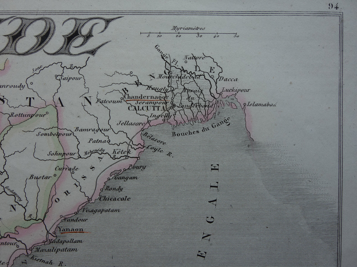 INDIA oude kaart 1856 originele antieke Franse handgekleurde landkaart van India met Franse koloniale bezittingen