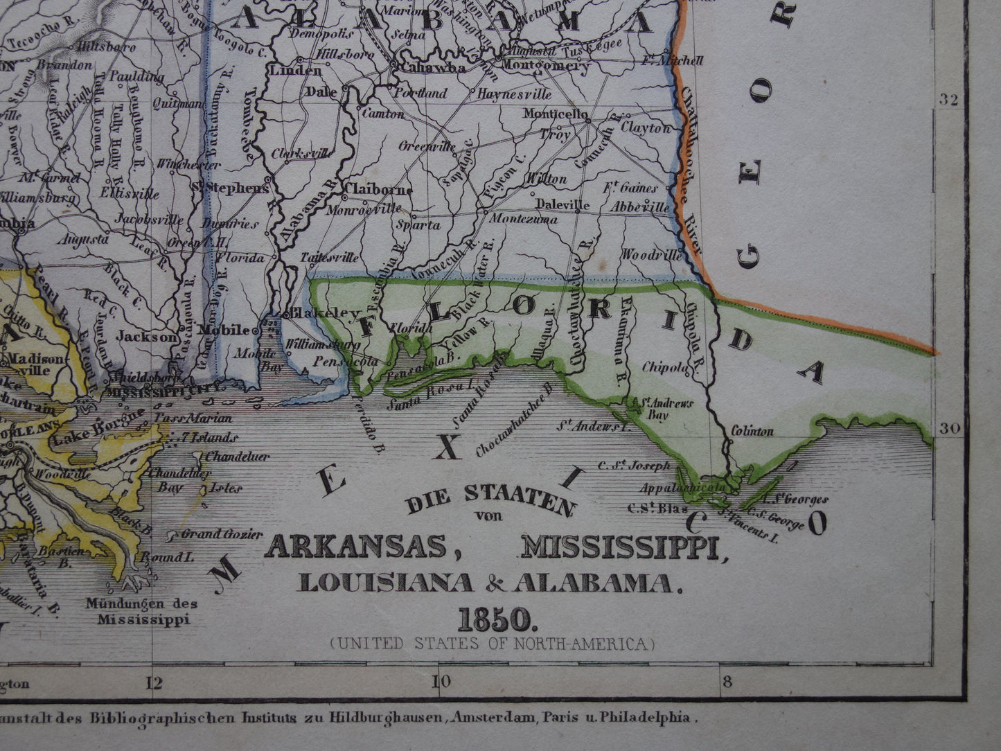 Old map Alabama Mississippi Louisiana and Arkansas United States - 1850 original antique map USA New Orleans - vintage maps