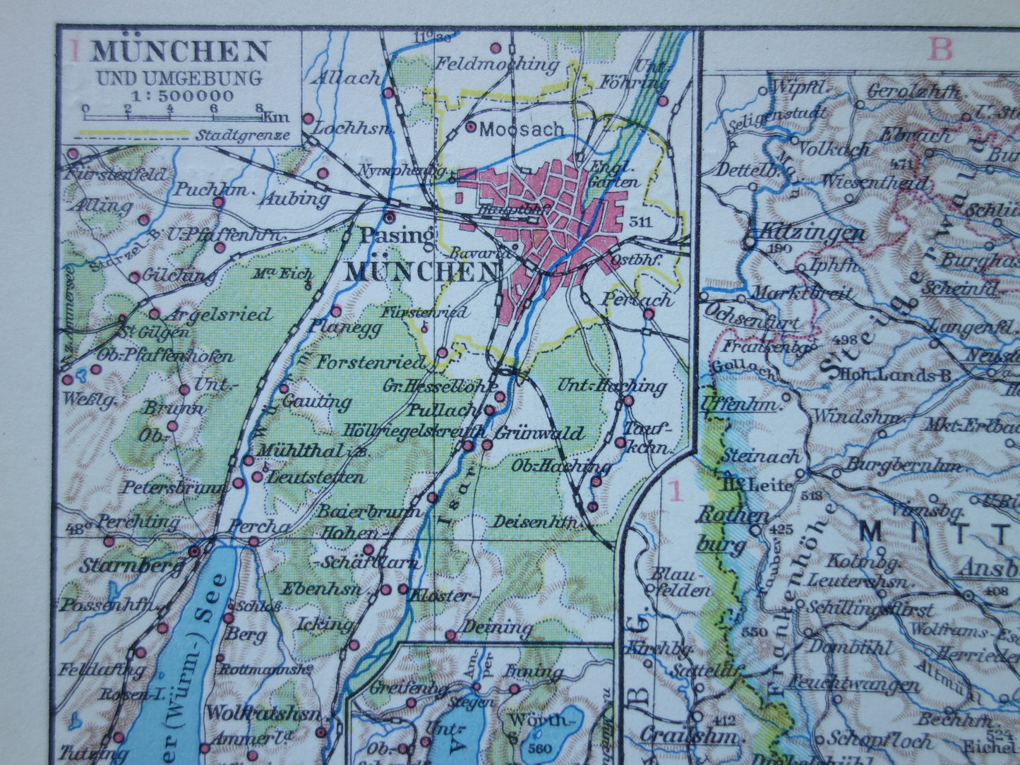GERMANY old map of Bavaria 1928 original vintage German map Munich Augsburg Nuremburg