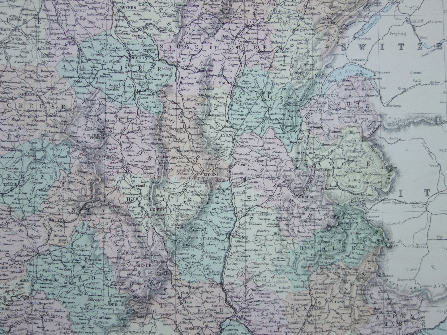 Grote oude landkaart van Frankrijk uit 1877 originele antieke kaart poster