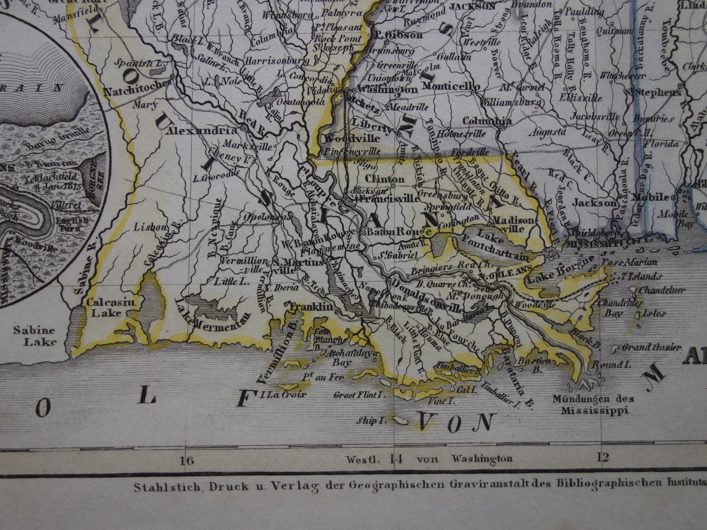 Old map Alabama Mississippi Louisiana and Arkansas United States - 1850 original antique map USA New Orleans - vintage maps