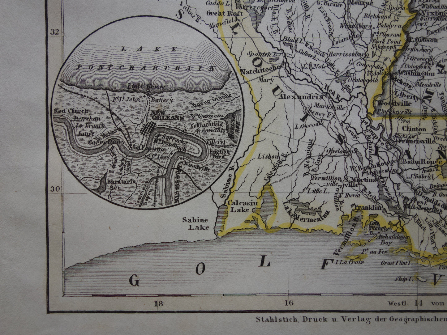 Old map Alabama Mississippi Louisiana and Arkansas United States - 1850 original antique map USA New Orleans - vintage maps