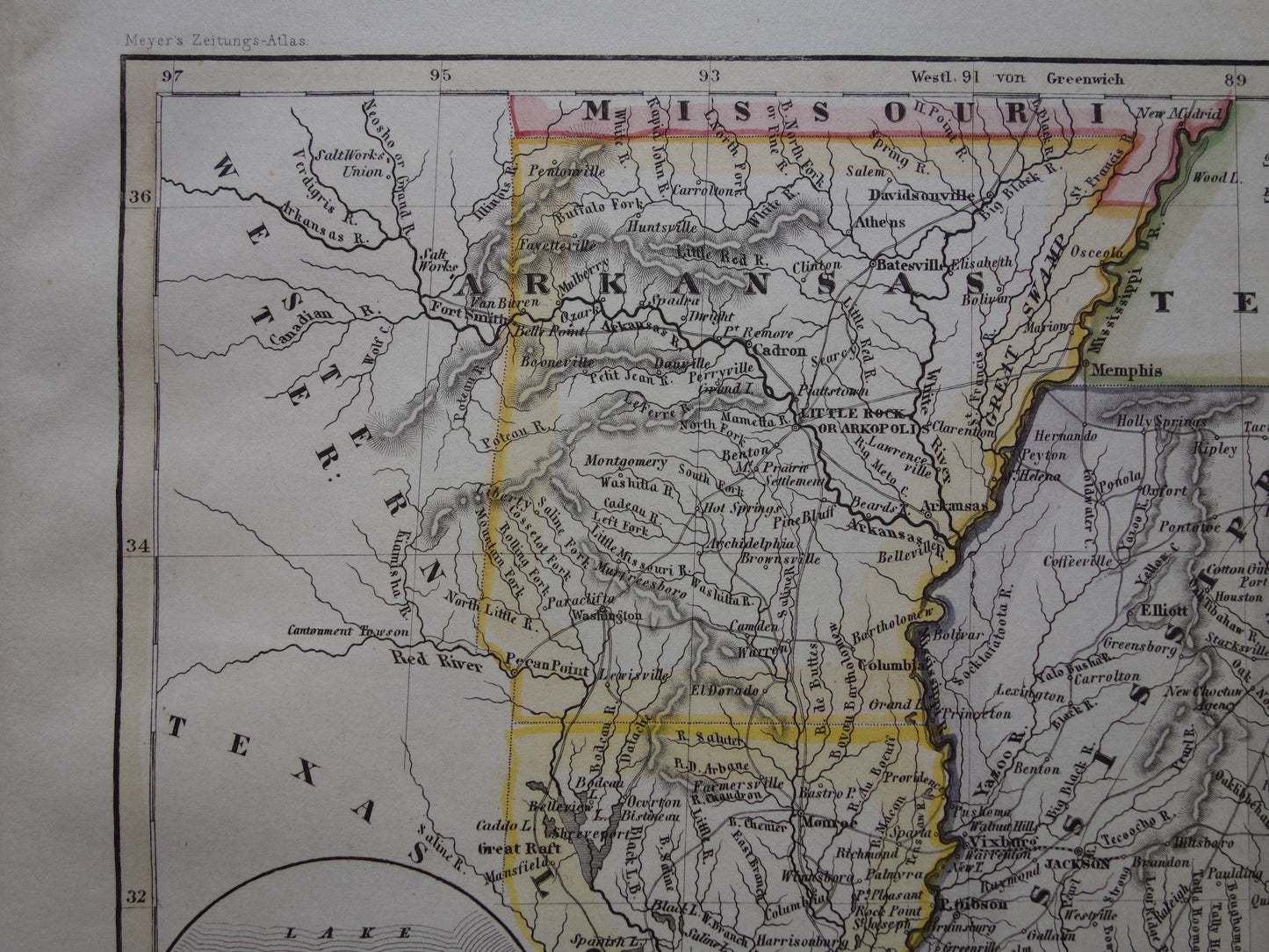 Old map Alabama Mississippi Louisiana and Arkansas United States - 1850 original antique map USA New Orleans - vintage maps