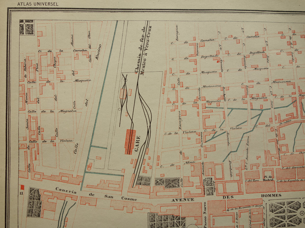 MEXICO-STAD oude kaart van Mexico-Stad 1896 originele antieke Franse plattegrond